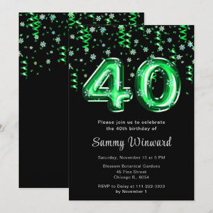 40th Birthday Green Balloons Snowflake Confetti Invitation