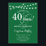40th Birthday - Green White Invitation<br><div class="desc">40th Birthday Invitation.
Simple emerald forest green and white design with fairy string lights and script font. Cheers to 40 years! Can be personalized into any age! Message me if you need further customization.</div>