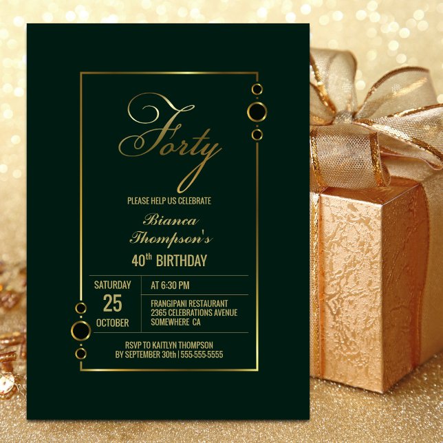 40th Birthday Green with Gold Frame Party Invitation (Creator Uploaded)
