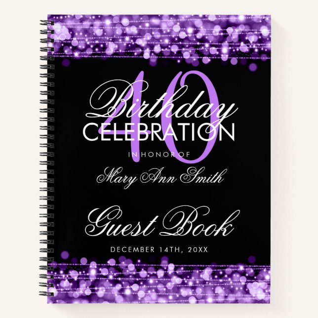 40th Birthday Guestbook Party Sparkles Purple Notebook (Front)