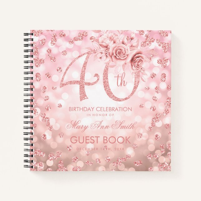 40th Birthday Guestbook Rose Gold Glam Lights Notebook (Front)