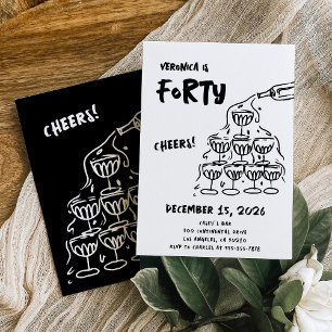 40th Birthday Hand Drawn Champagne Invitation