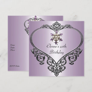40th Birthday Heart Soft Mauve Purple Pearl jewel Invitation