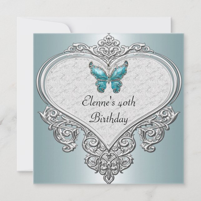 40th Birthday Heart Soft Teal Blue Butterfly jewel Invitation (Front)