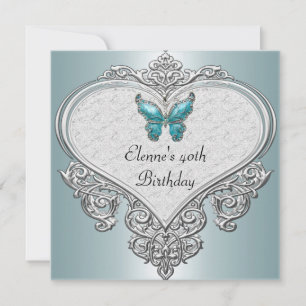 40th Birthday Heart Soft Teal Blue Butterfly jewel Invitation