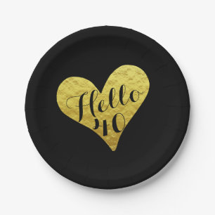 40th Birthday Hello 40 Black and Faux Gold Heart Paper Plate