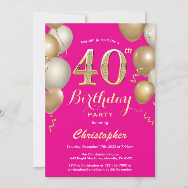 40th Birthday Hot Pink and Gold Balloons Confetti Invitation (Front)