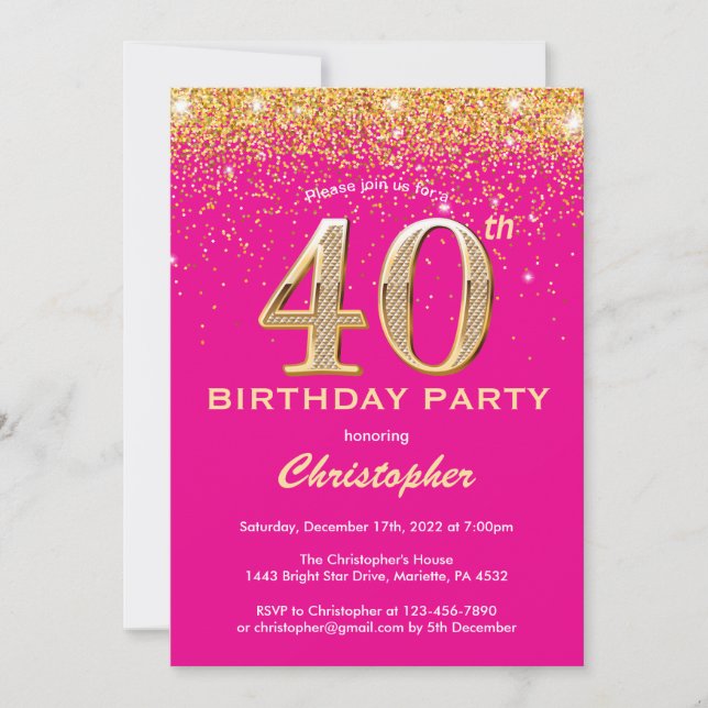 40th Birthday Hot Pink and Gold Glitter Confetti Invitation (Front)
