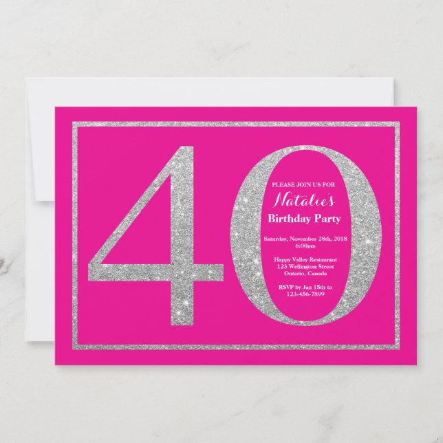 40th Birthday Hot Pink and Silver Glitter Invitation (Front)