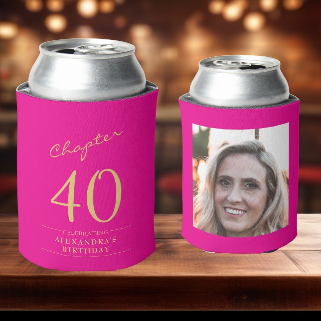 40th Birthday Hot Pink Gold Photo Template Can Cooler (Two custom hot pink can coolers on bar top to show front and rear.)