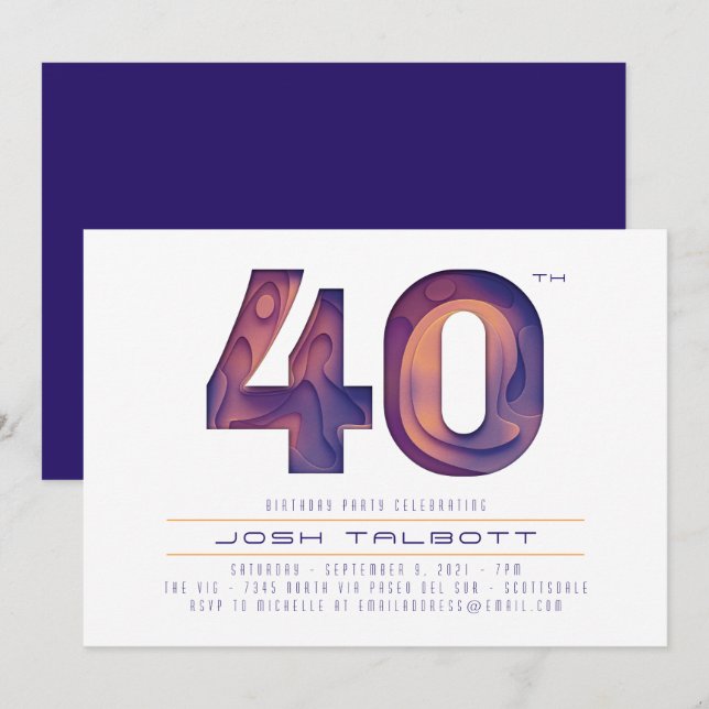 40th Birthday in Modern Purple and Gold Invitation (Front/Back)