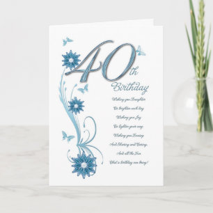 40th birthday in teal with flowers and butterfly card