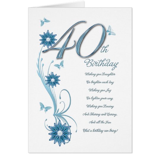 40th birthday in teal with flowers and butterfly card