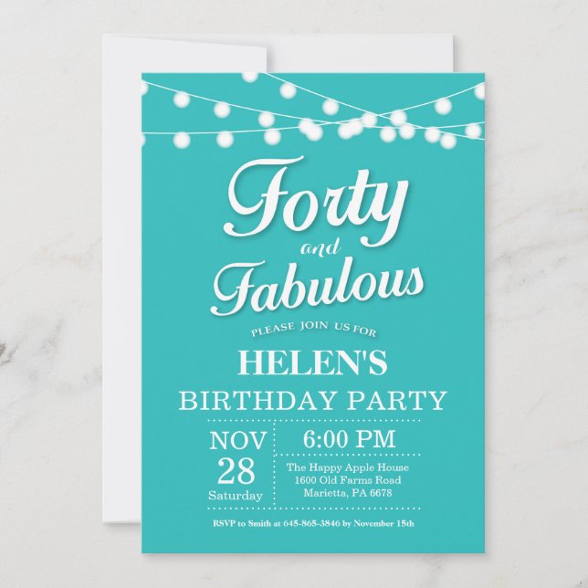 40th Birthday Invitatio Aqua Turquoise Fabulous Invitation (Front)