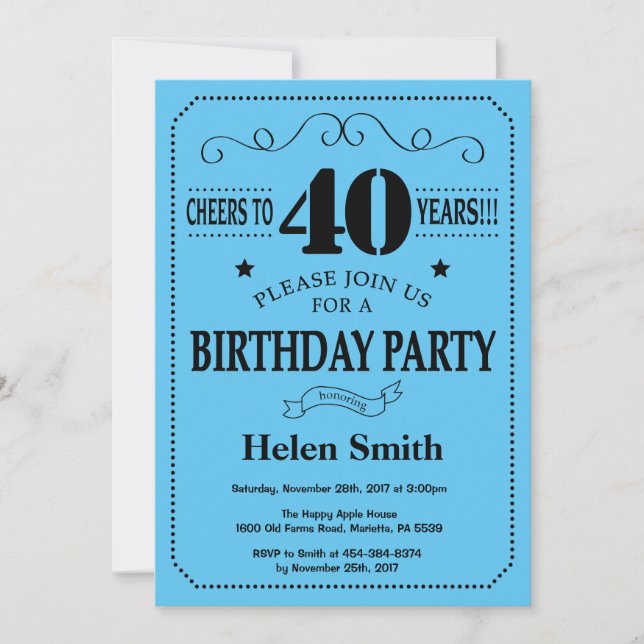 40th Birthday Invitation Black and Blue (Front)