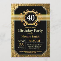 40th Birthday Invitation Black and Gold Glitter