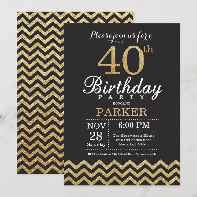 40th Birthday Invitation Black and Gold Glitter (Front/Back)