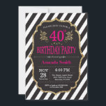 40th Birthday Invitation. Black and Gold Glitter Invitation<br><div class="desc">40th Birthday Invitation for women. Pink Black and Gold Birthday Party Invite. Gold Glitter. Pink Floral Flower. Black and White Stripes. Printable Digital. For further customisation,  please click the "Customise it" button and use our design tool to modify this template.</div>