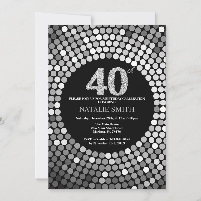 40th Birthday Invitation Black and Silver Glitter (Front)