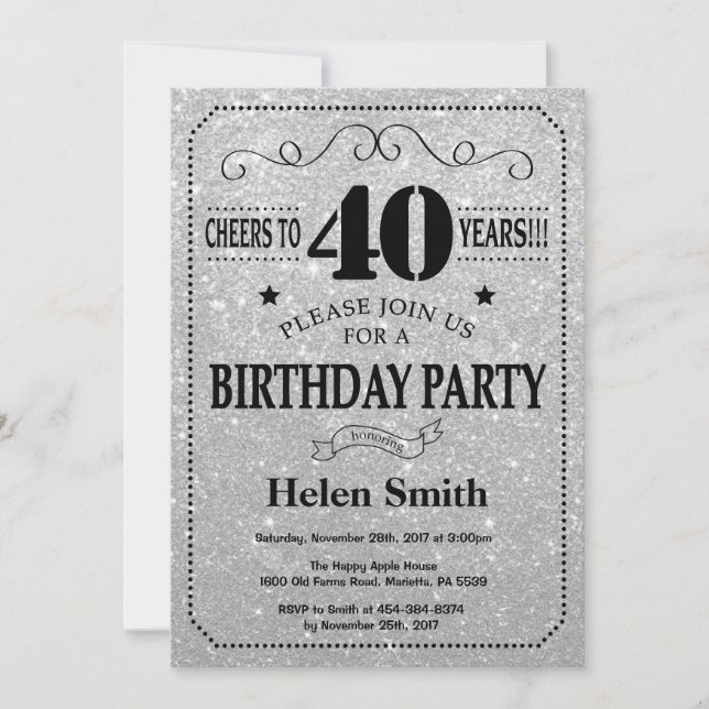 40th Birthday Invitation Black and Silver Glitter (Front)