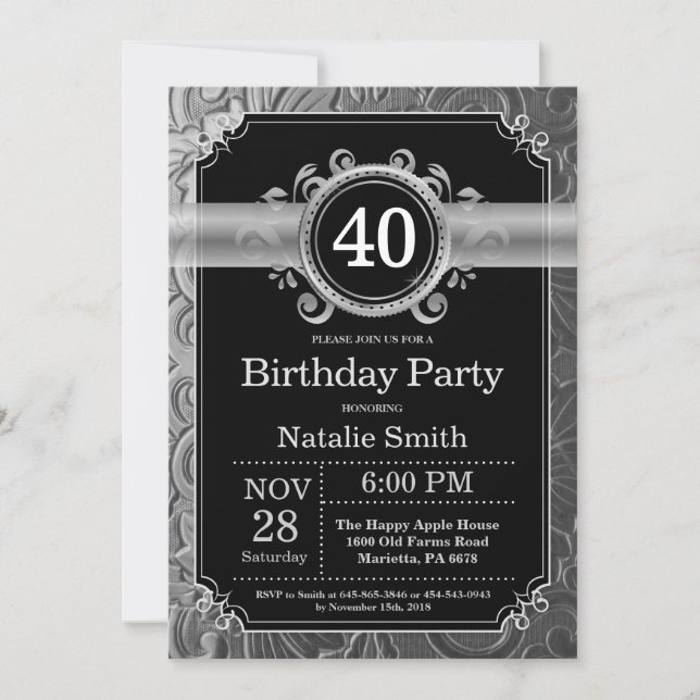 40th Birthday Invitation Black and Silver Glitter (Front)