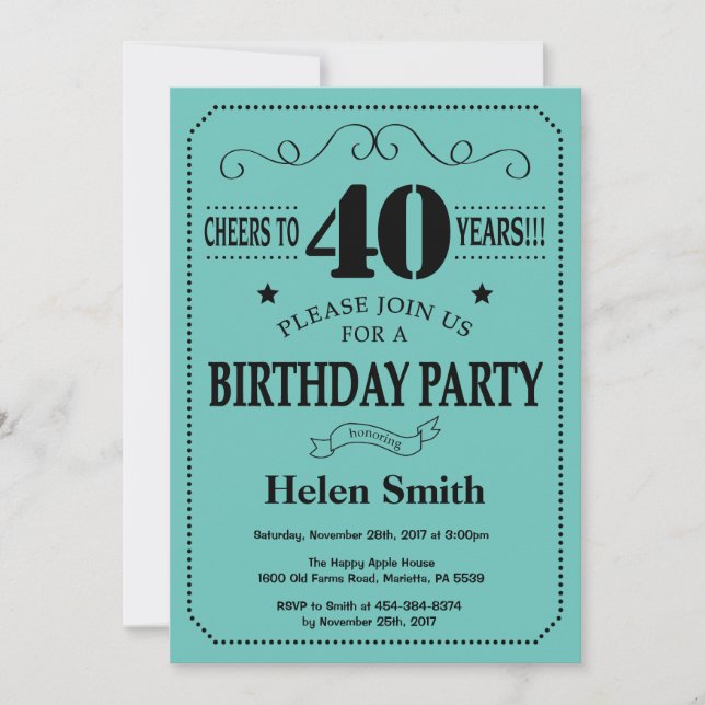 40th Birthday Invitation Black and Teal (Front)