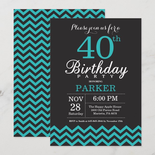 40th Birthday Invitation Black and Teal (Front/Back)