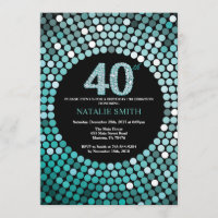 40th Birthday Invitation Black and Teal Glitter