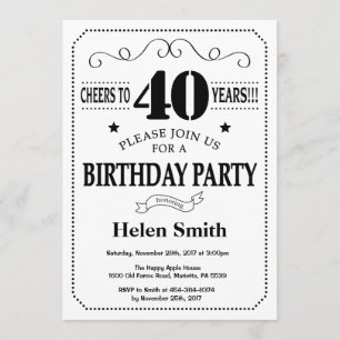 40th Birthday Invitation Black and White