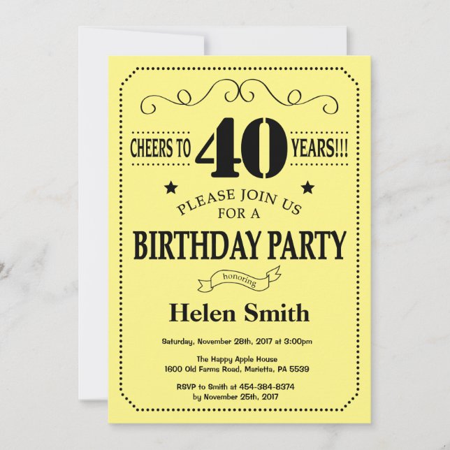 40th Birthday Invitation Black and Yellow (Front)