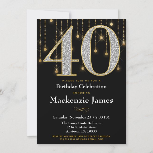 40th Birthday Invitation Black Gold Diamonds Adult (Front)