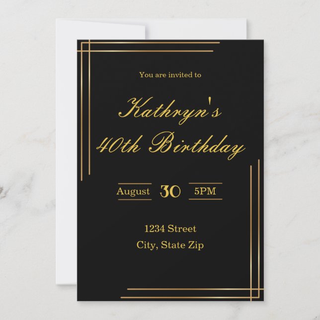 40th Birthday Invitation – Black & Gold | Elegant (Front)