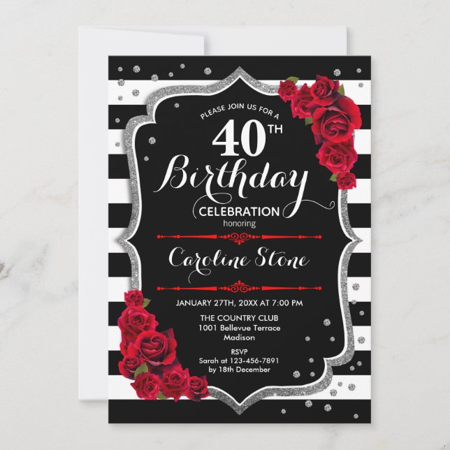 40th Birthday Invitation Black White Stripes Roses (Front)