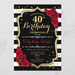 40th Birthday Invitation Black White Stripes Roses
