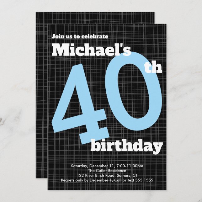 40th Birthday Invitation Black with Blue Accent, (Front/Back)