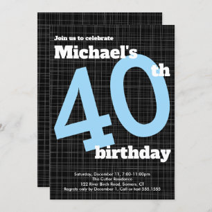 40th Birthday Invitation Black with Blue Accent,
