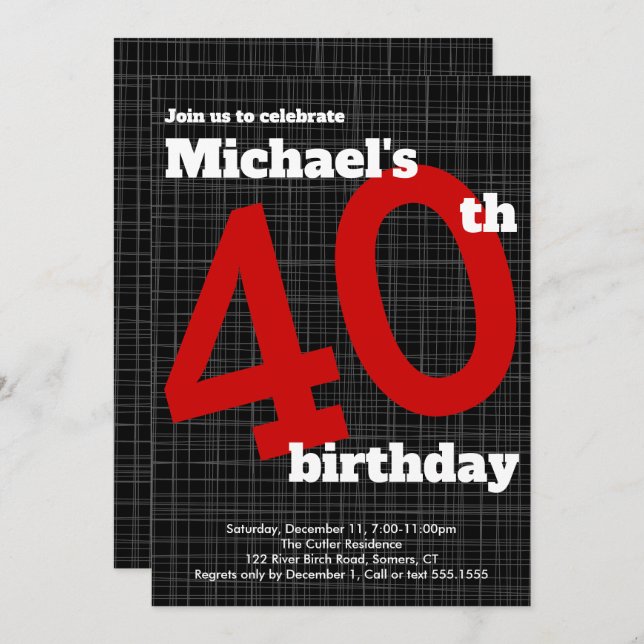 40th Birthday Invitation Black with Red Accent, (Front/Back)