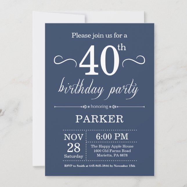 40th Birthday Invitation Blue (Front)