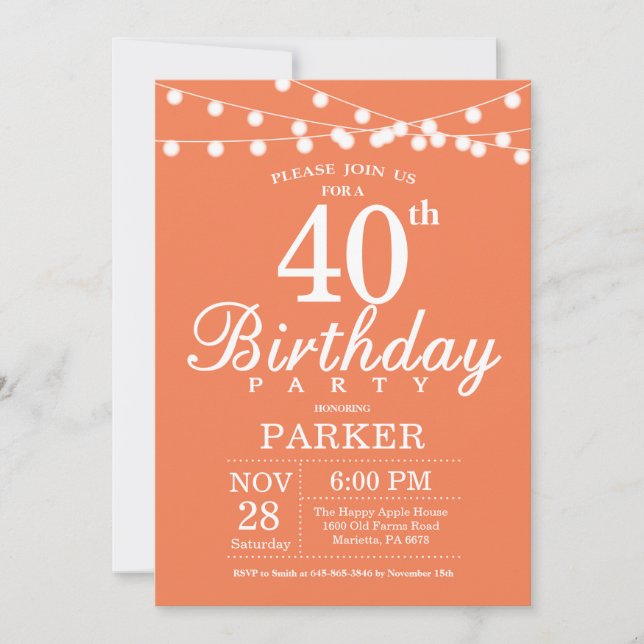 40th Birthday Invitation Coral (Front)