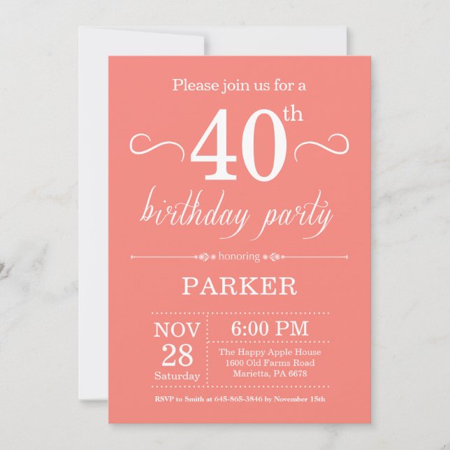 40th Birthday Invitation Coral (Front)