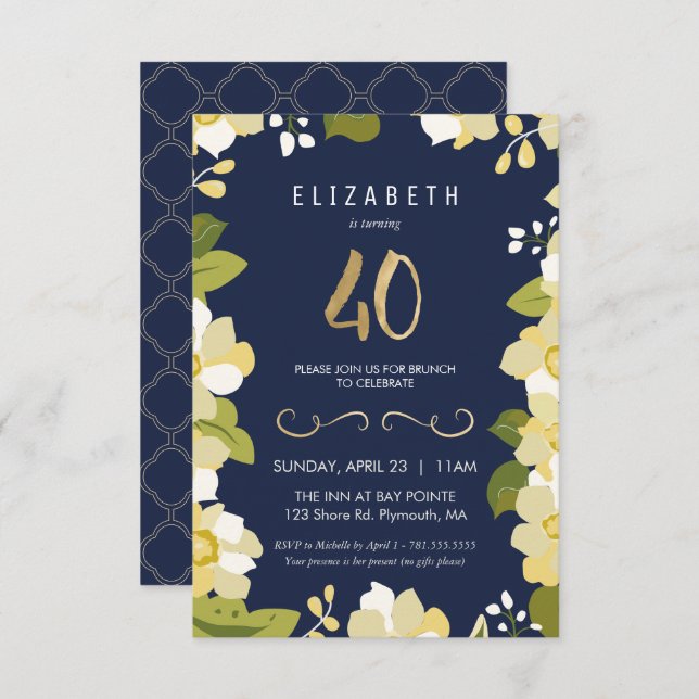 40th Birthday Invitation, Customise Floral w/ Gold Invitation (Front/Back)