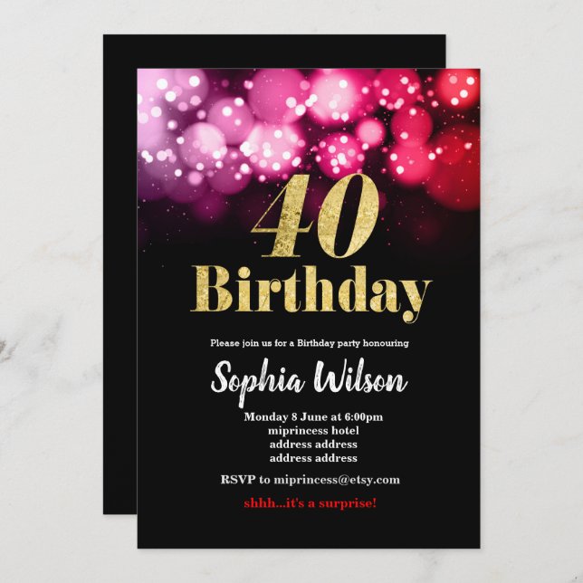 40th birthday invitation  elegant glitter pink red (Front/Back)