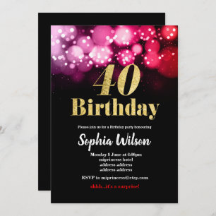 40th birthday invitation  elegant glitter pink red