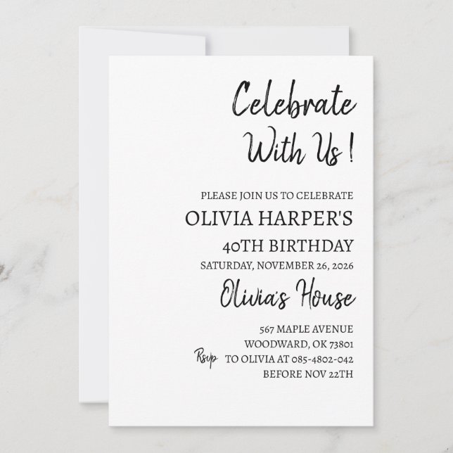 40th Birthday Invitation for Adults – Black & Whit (Front)