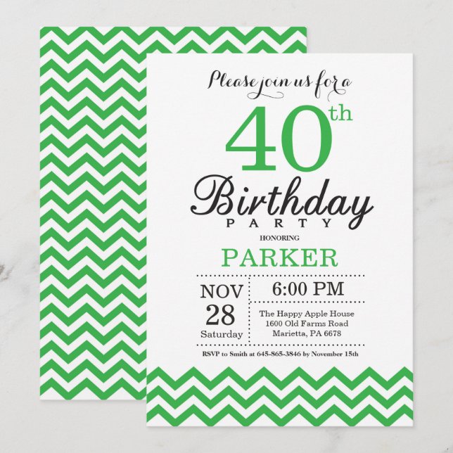 40th Birthday Invitation Green Chevron (Front/Back)