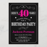 40th Birthday Invitation Hot Pink Black Chalkboard