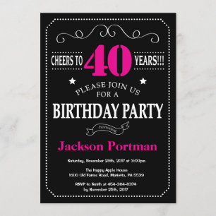 40th Birthday Invitation Hot Pink Black Chalkboard