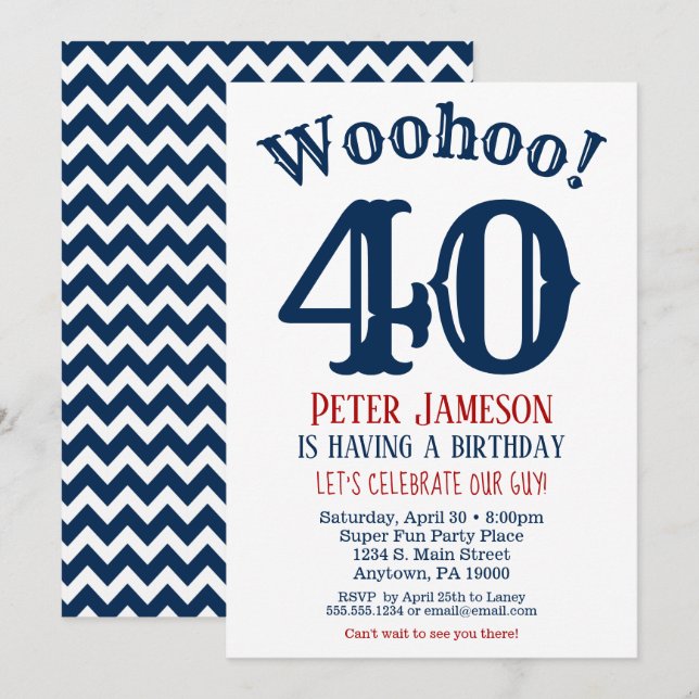40th Birthday Invitation Mens Navy Blue (Front/Back)