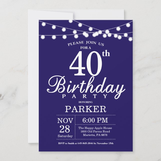40th Birthday Invitation Navy Blue (Front)