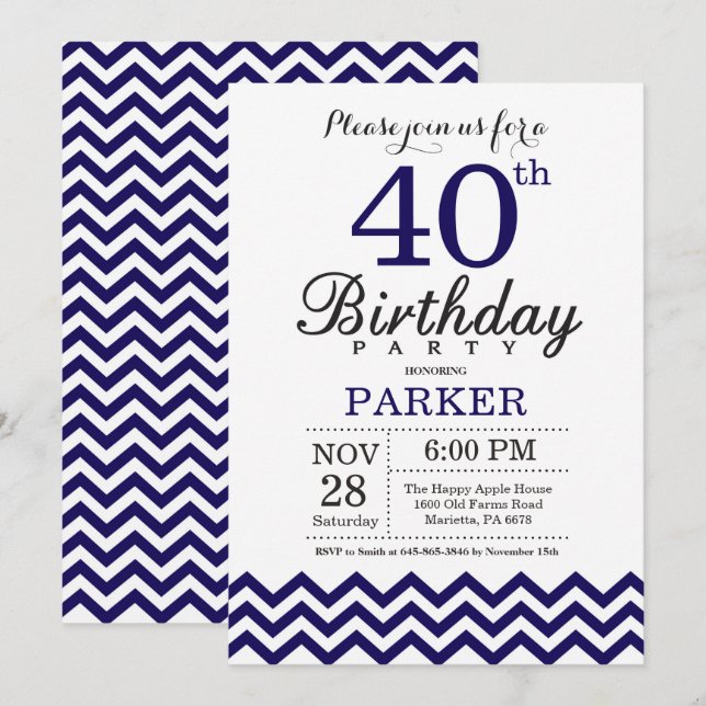 40th Birthday Invitation Navy Blue Chevron (Front/Back)